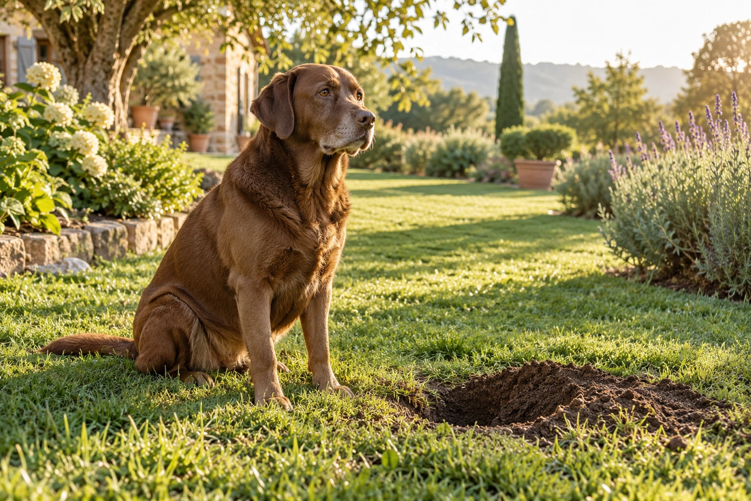 Labrador brun assis dans un jardin, à côté d’un trou fraîchement creusé, lumière dorée du soir