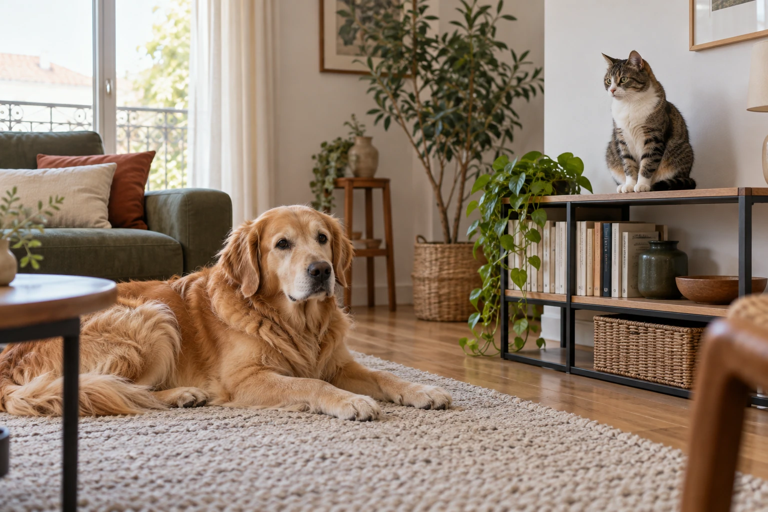 Golden retriever couché sur tapis beige, chat assis sur meuble dans salon lumineux