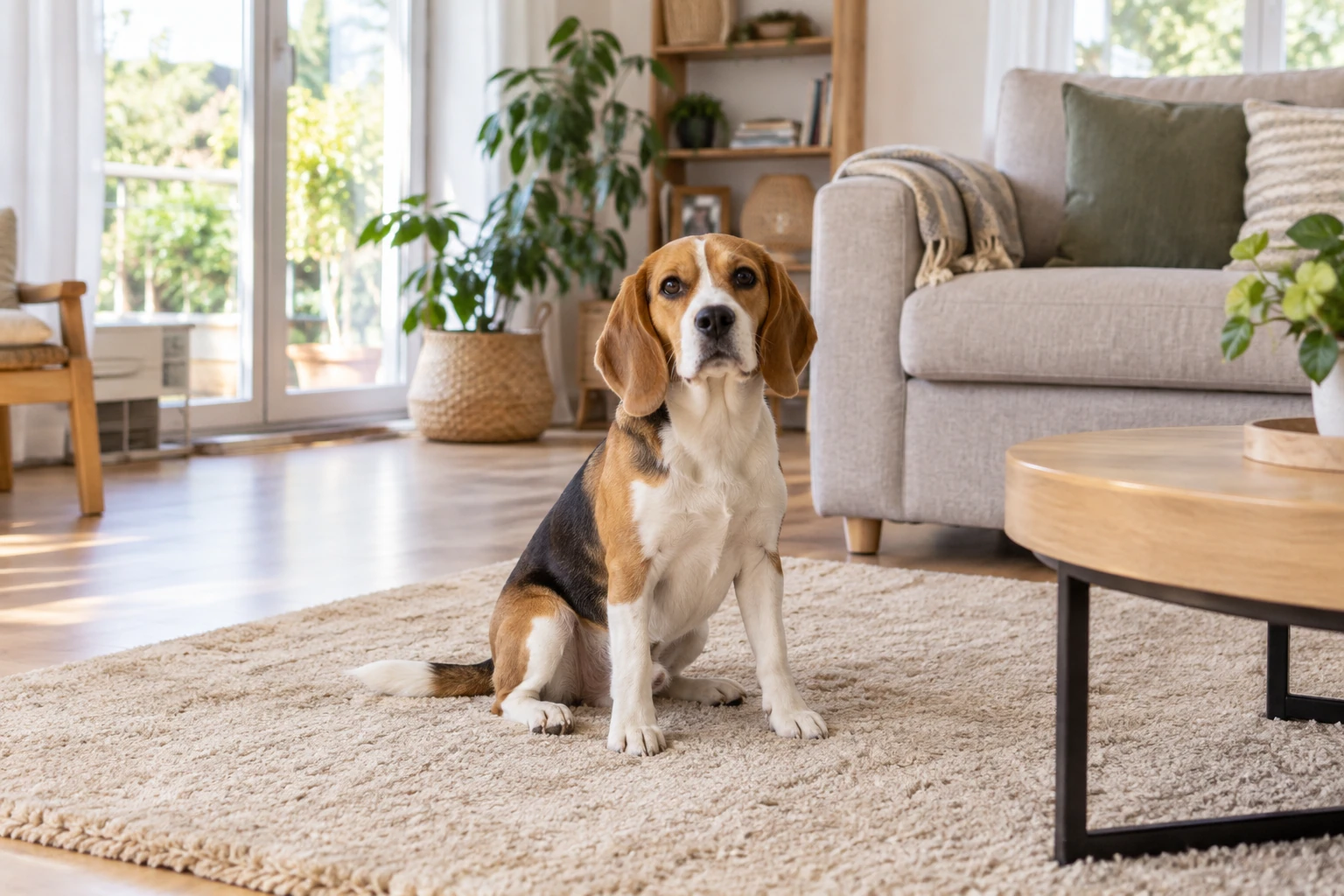 Beagle assis sur tapis dans salon lumineux, regard attentif vers l'appareil