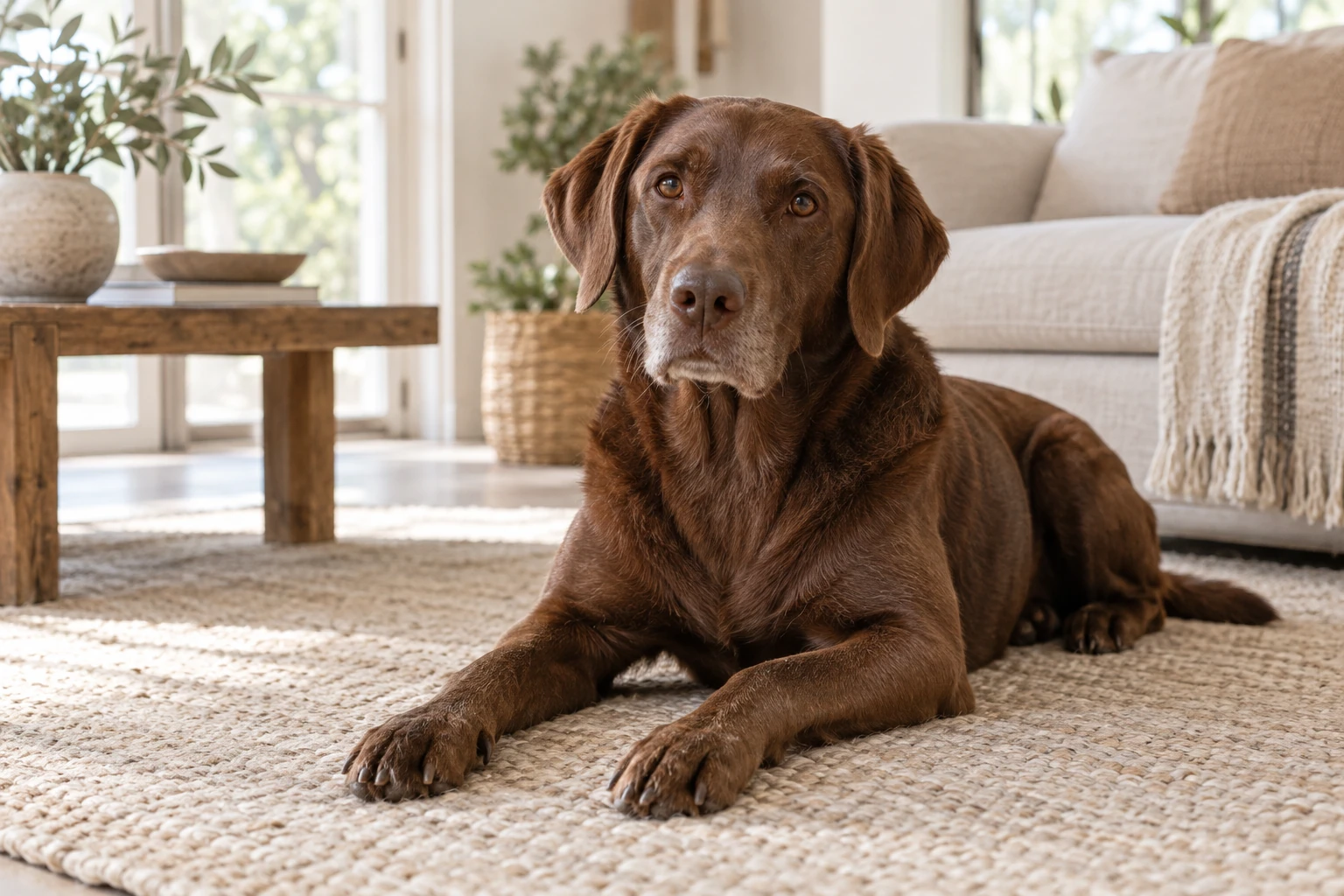Chien labrador marron allongé sur un tapis dans un salon lumineux, regard calme