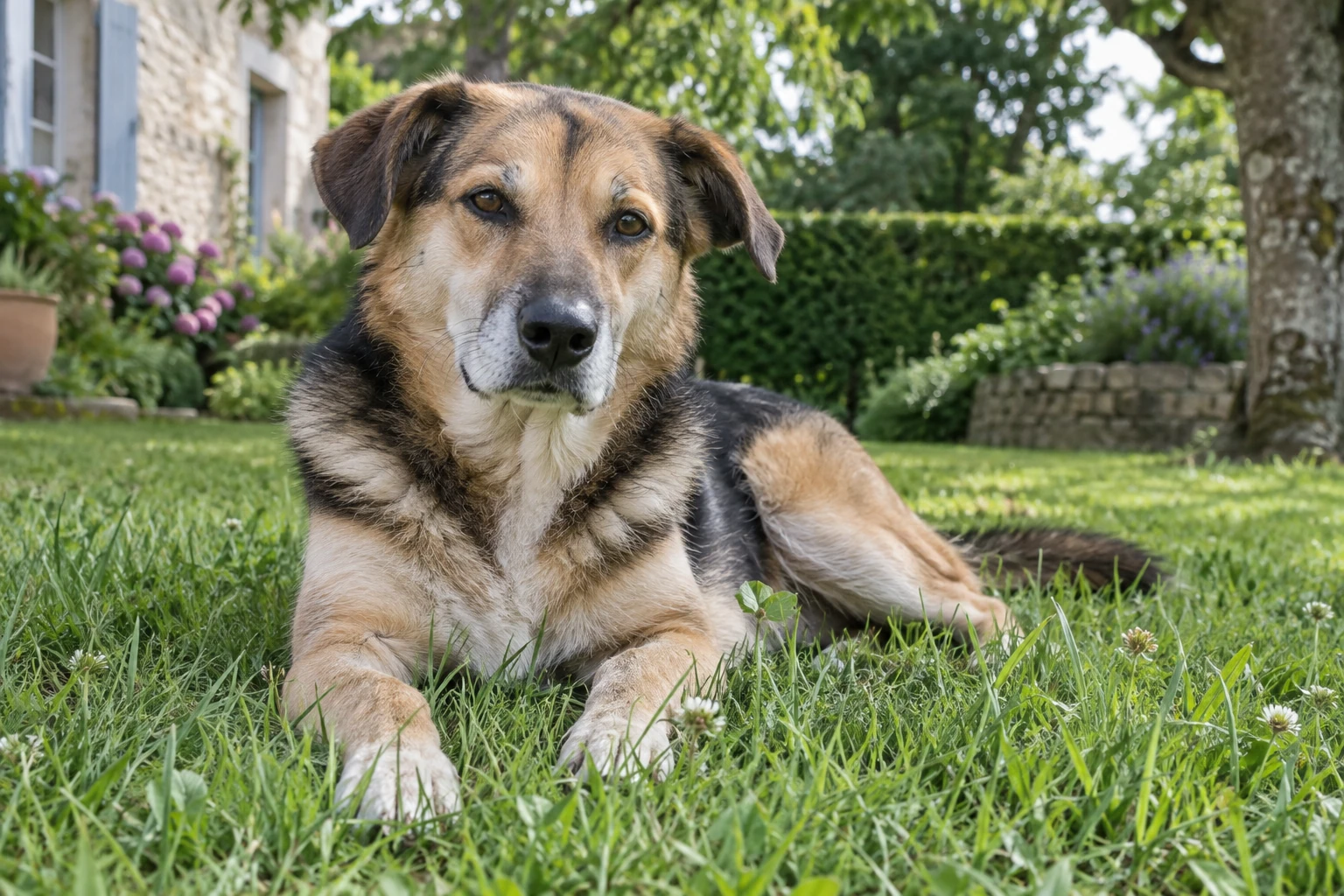 Chien brun noir allongé sur pelouse verte, regard calme, jardin en arrière-plan
