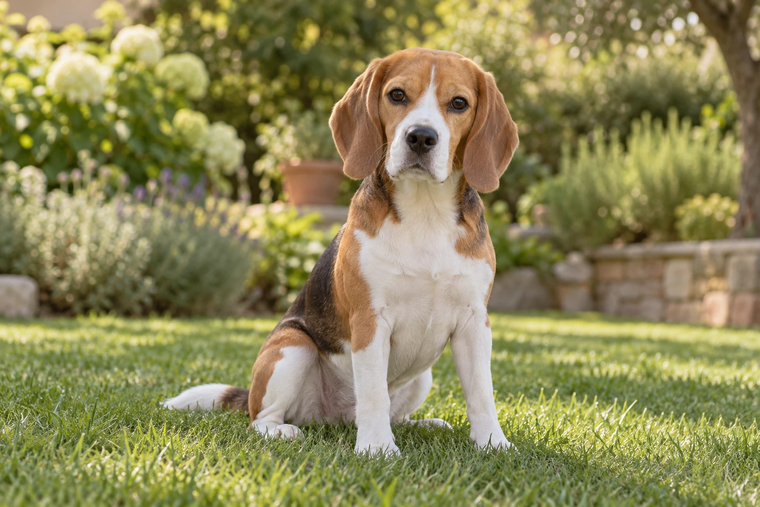 Beagle assis sur la pelouse dans un jardin ensoleillé, regard tourné vers l'appareil