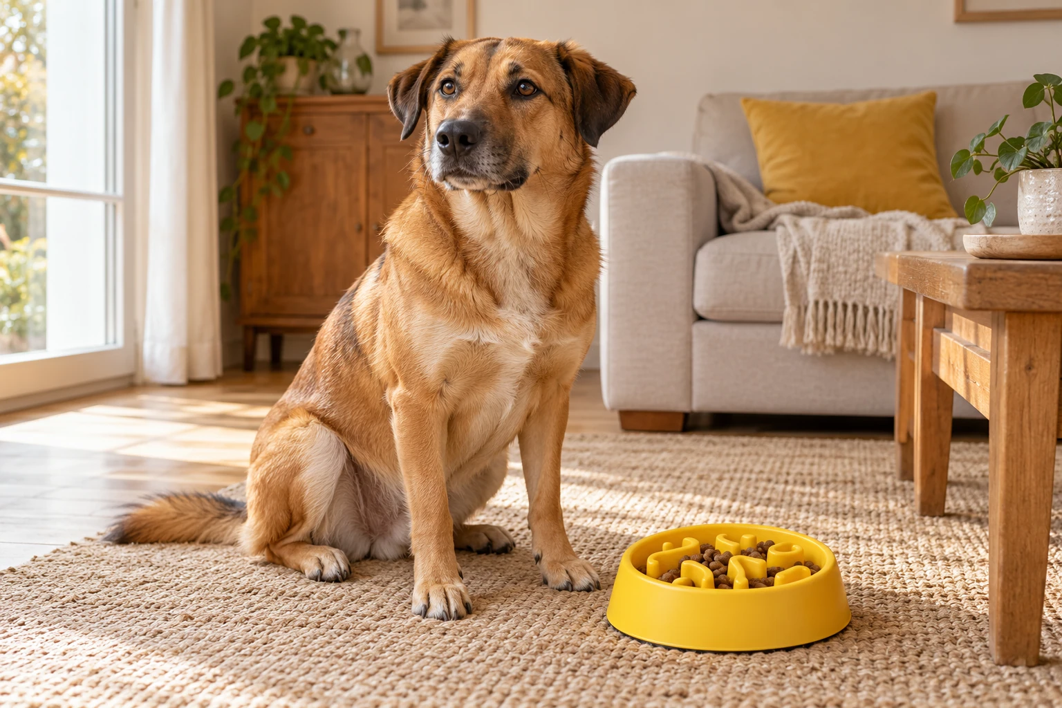 Chien assis près d'une gamelle jaune remplie de croquettes sur un tapis salon