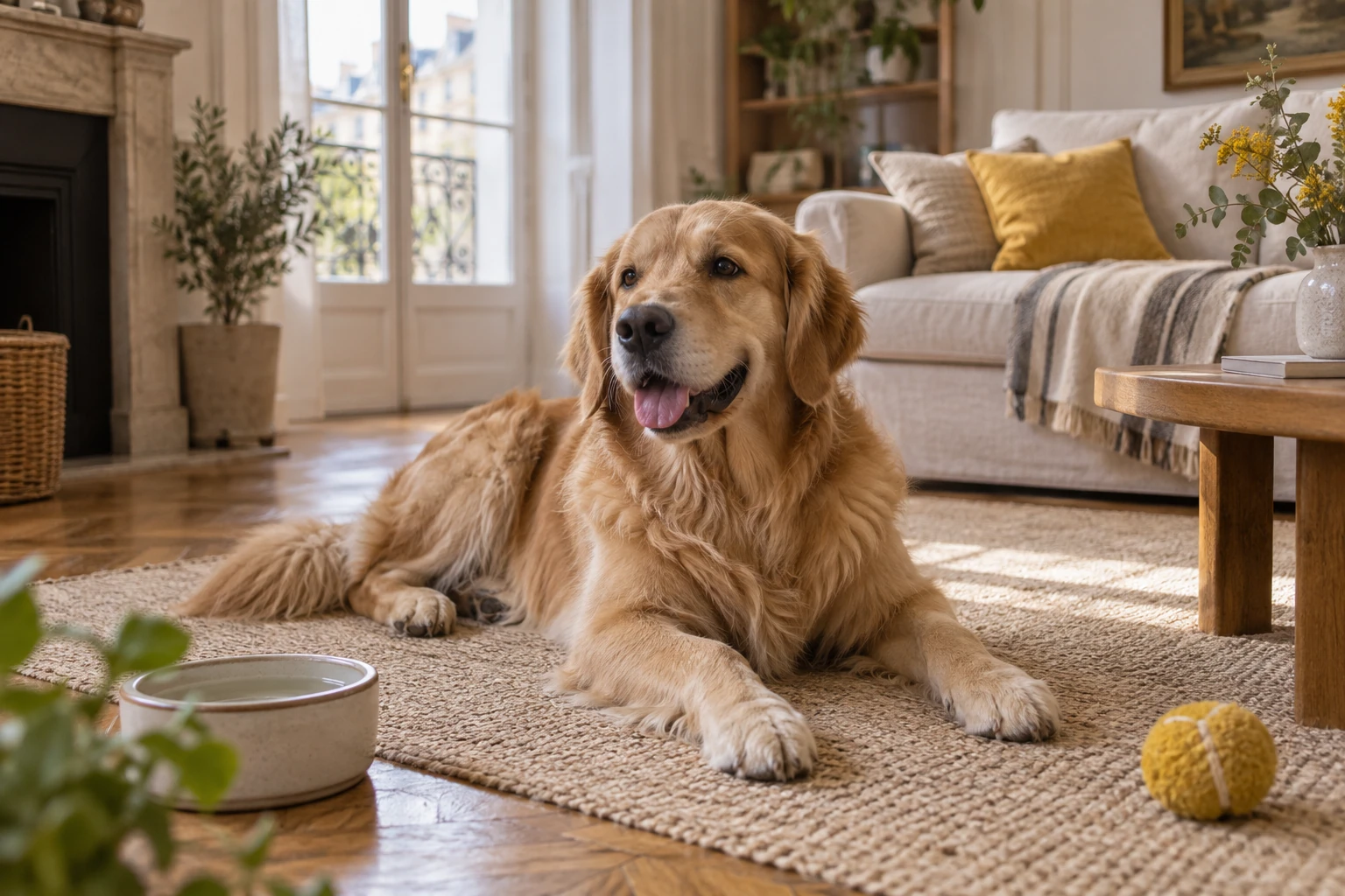 Grand chien golden retriever couché sur tapis dans salon lumineux près d'une gamelle et d'un jouet