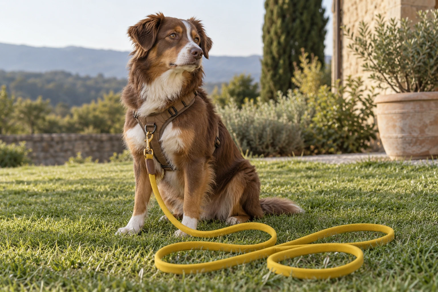 Chien assis sur pelouse avec longe jaune enroulée, paysage provençal en arrière-plan