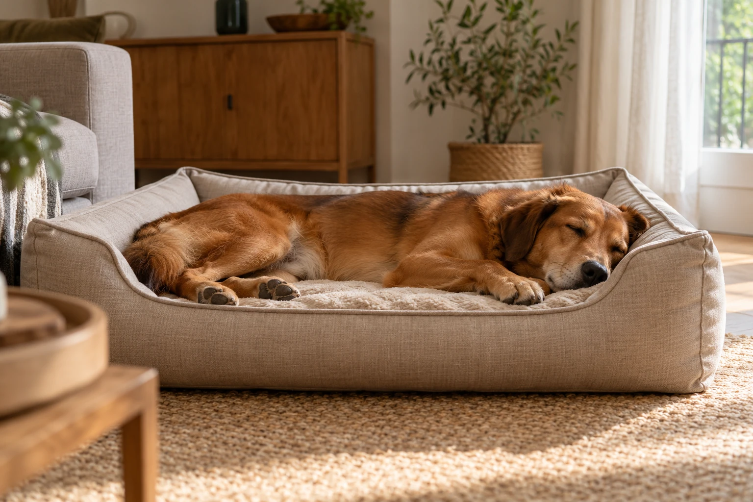 Chien doré allongé et endormi dans un panier pour chien beige, salon lumineux, plante en arrière-plan